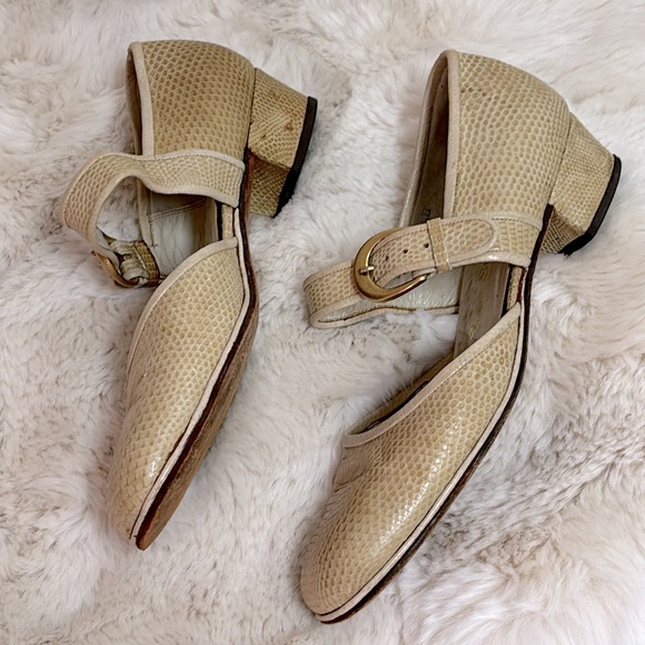 Vintage Mid-Century Genuine Snakeskin Power Brass Buckle Mary Janes - Picture 4 of 17